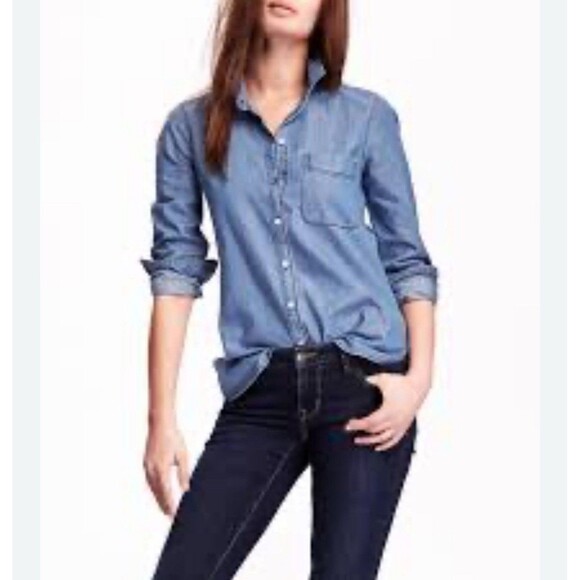 Old Navy Womens Large Long Sleeve Denim Button Up Shirt Top Classic Shirt - Picture 1 of 7